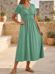 Crossover V-Neck Midi Dress with Pockets