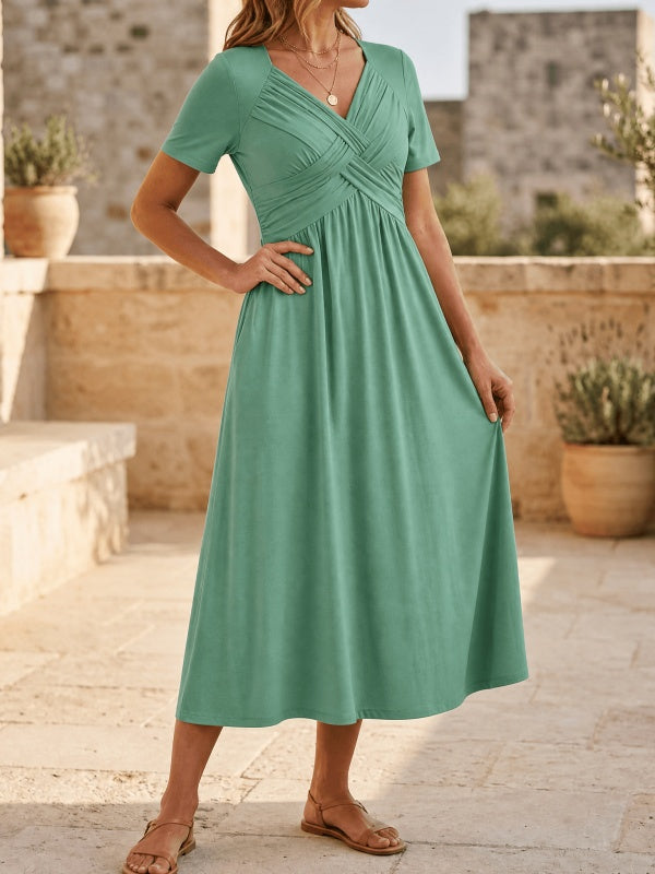 Crossover V-Neck Midi Dress with Pockets