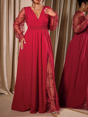 V Neck Lace-Sleeve Empire Waist Maxi Dress