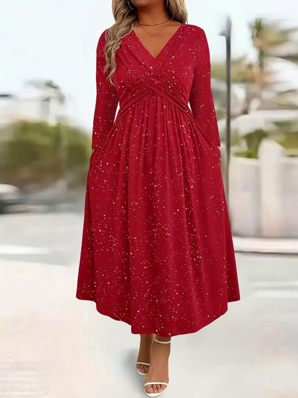 Wrap-Front Tie-Waist Midi Dress With Pockets