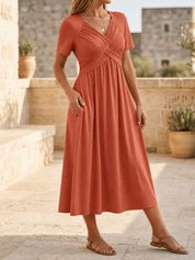 Crossover V-Neck Midi Dress with Pockets