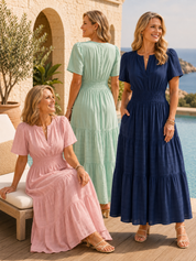 Women’s Short Sleeve V-Neck Boho Maxi Dress with Pockets