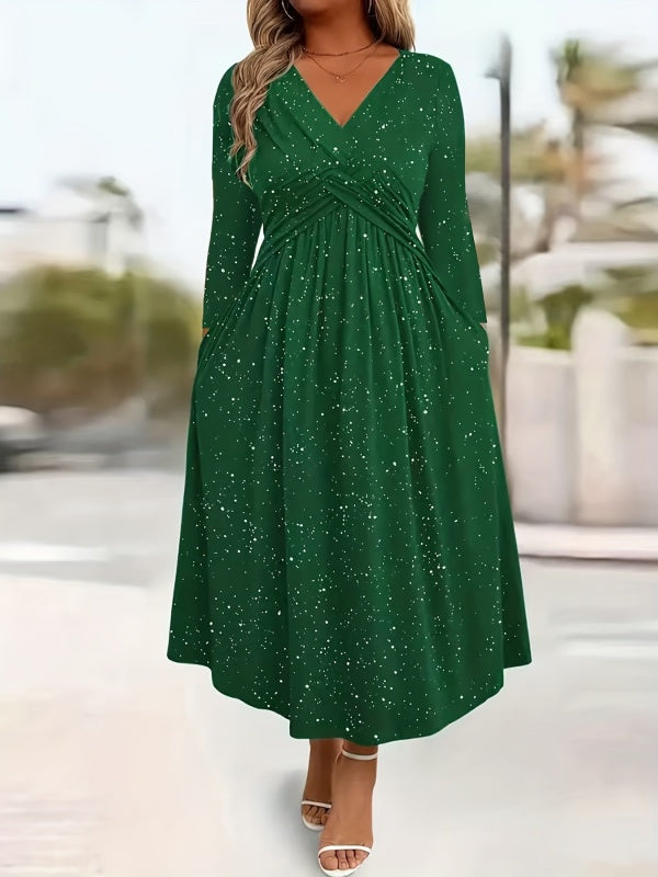 Wrap-Front Tie-Waist Midi Dress With Pockets