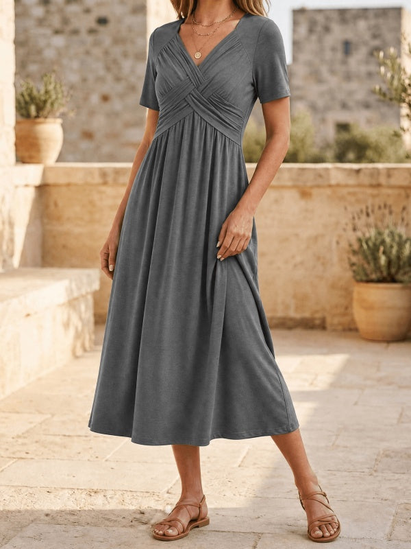 Crossover V-Neck Midi Dress with Pockets