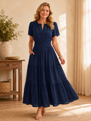 Women’s Short Sleeve V-Neck Boho Maxi Dress with Pockets