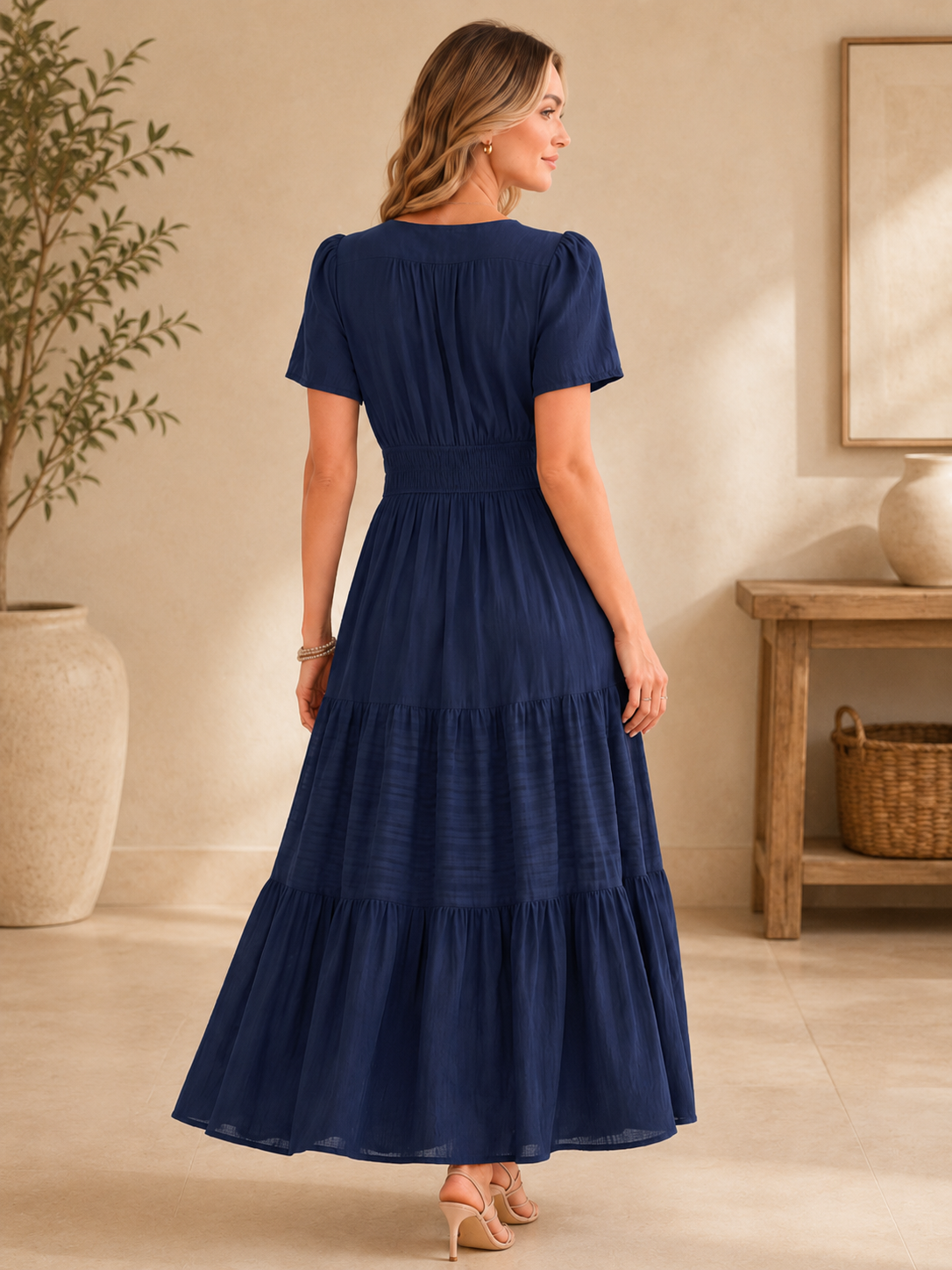 Women’s Short Sleeve V-Neck Boho Maxi Dress with Pockets