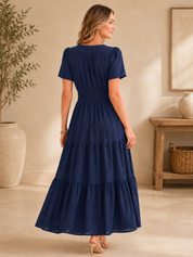 Women’s Short Sleeve V-Neck Boho Maxi Dress with Pockets