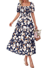 Floral Square-Neck Smocked Tiered Dress