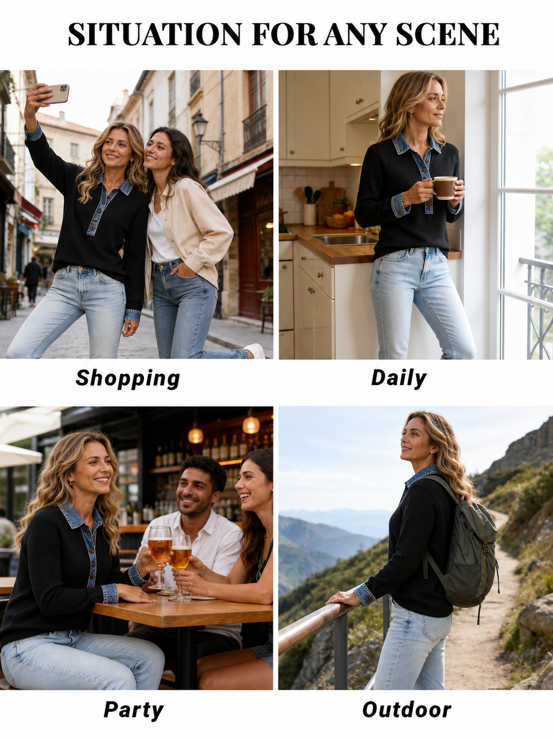 Women's Patchwork Collar Buttons Front Denim Tops