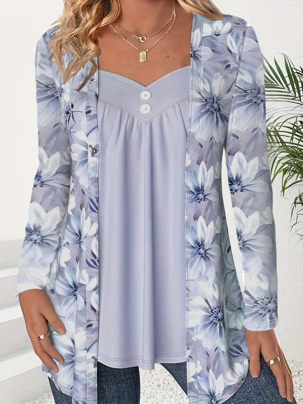 Fake Two Piece Flower Print Patchwork Tops
