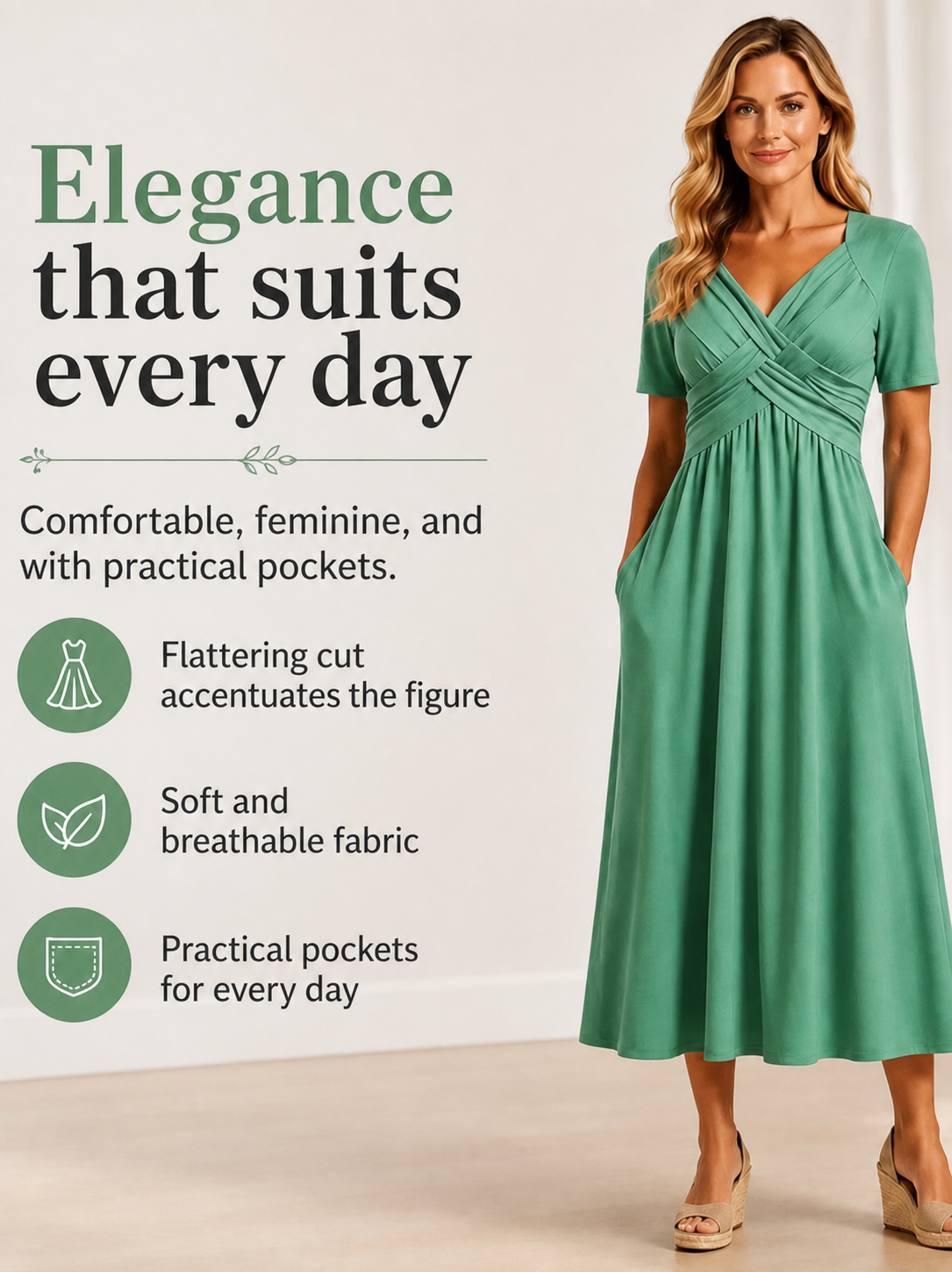 Crossover V-Neck Midi Dress with Pockets