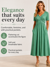 Crossover V-Neck Midi Dress with Pockets