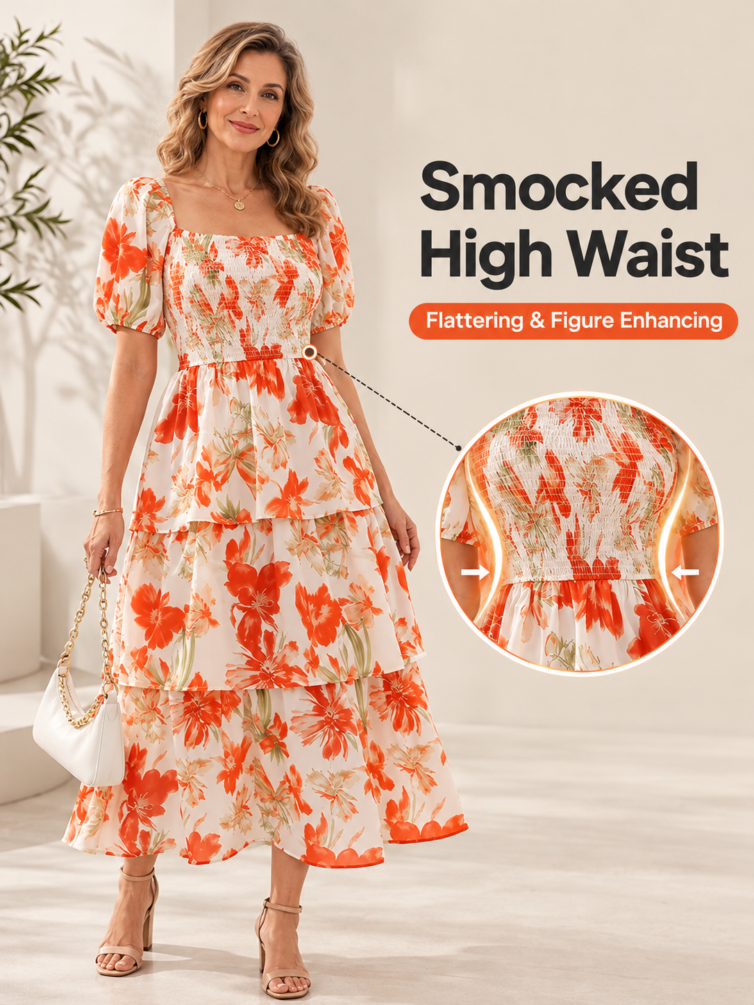 Floral Square-Neck Smocked Tiered Dress