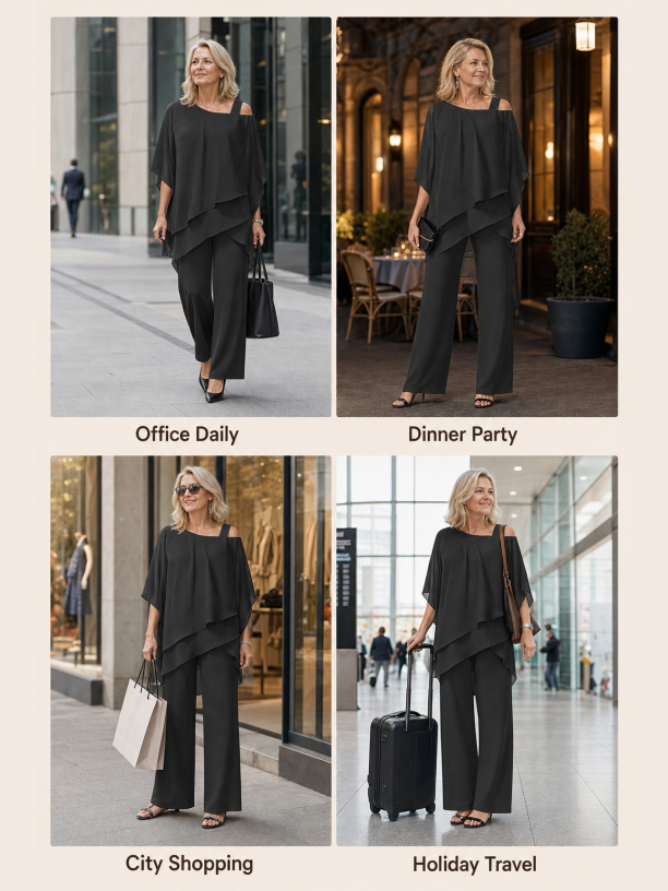 Irregular Layered Chiffon Top & Wide-Leg Pants Set