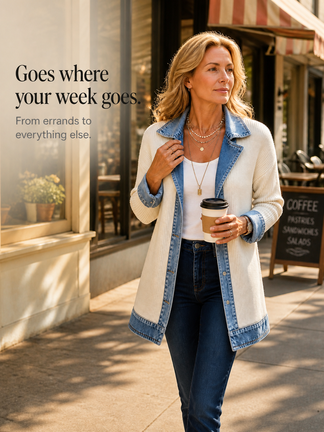 Ribbed Knit Jacket with Denim Trim