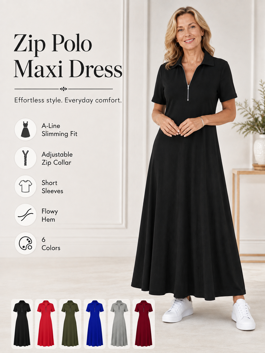 Women’s Zip Front Polo Neck A-Line Maxi Dress