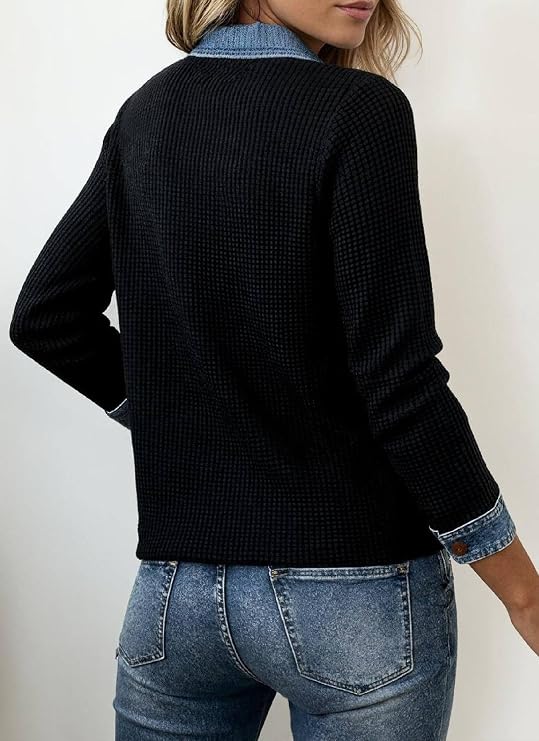 Women's Patchwork Collar Buttons Front Denim Tops