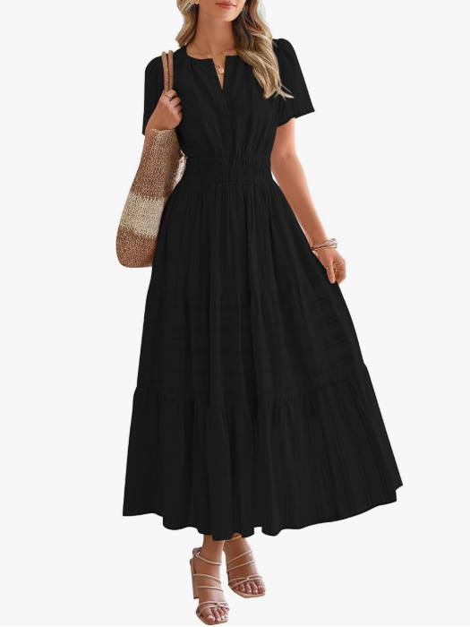 Women’s Short Sleeve V-Neck Boho Maxi Dress with Pockets