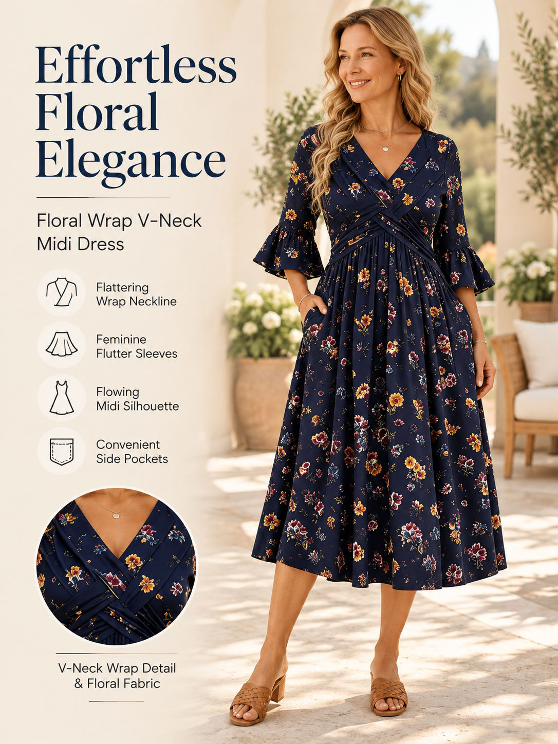 Wrap-Front Tie-Waist Midi Dress With Pockets