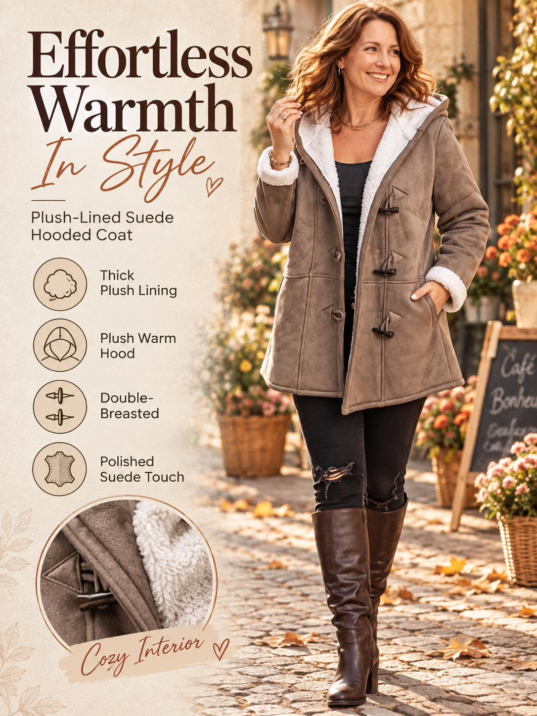 Women's Hooded Suede Coat with Plush Lining