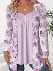Fake Two Piece Flower Print Patchwork Tops