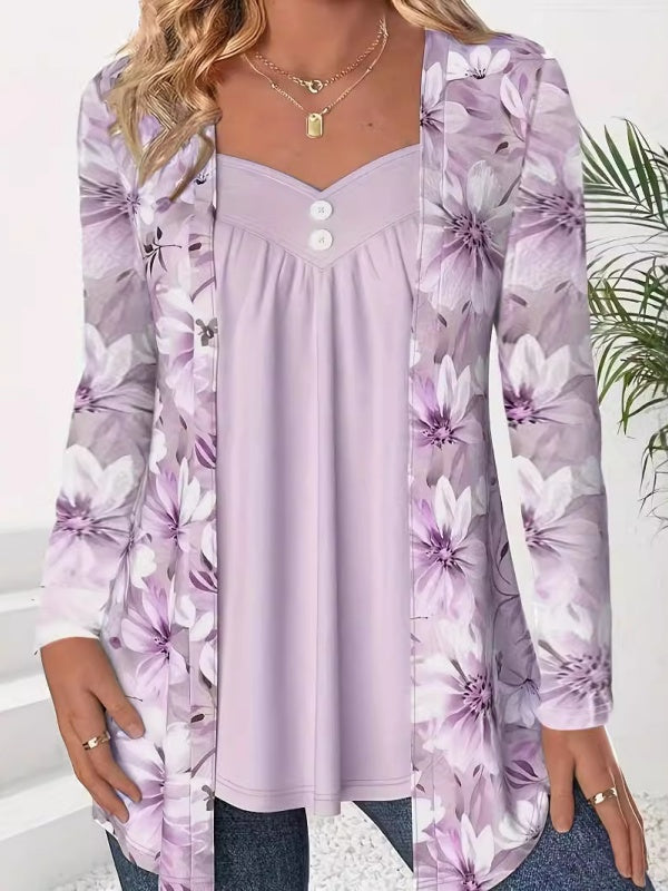 Fake Two Piece Flower Print Patchwork Tops