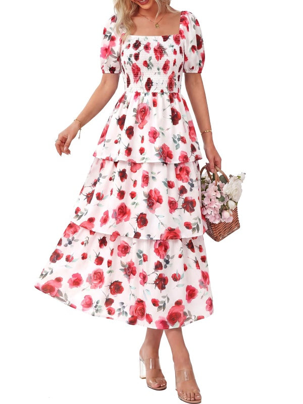 Floral Square-Neck Smocked Tiered Dress
