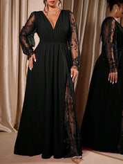 V Neck Lace-Sleeve Empire Waist Maxi Dress