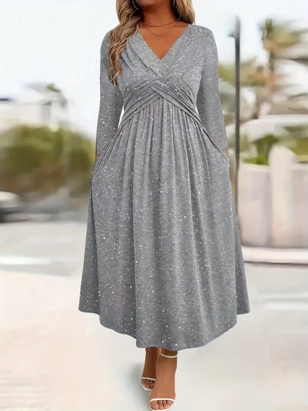 Wrap-Front Tie-Waist Midi Dress With Pockets