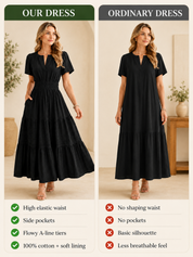 Women’s Short Sleeve V-Neck Boho Maxi Dress with Pockets