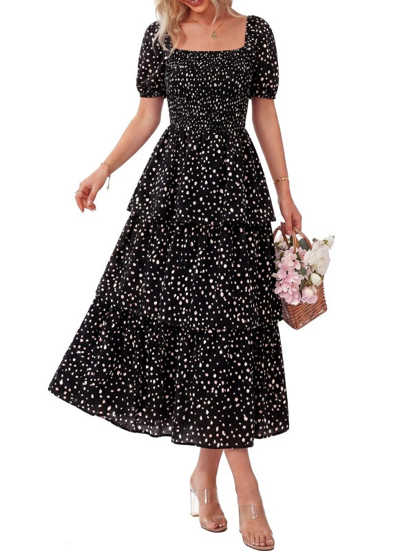 Floral Square-Neck Smocked Tiered Dress