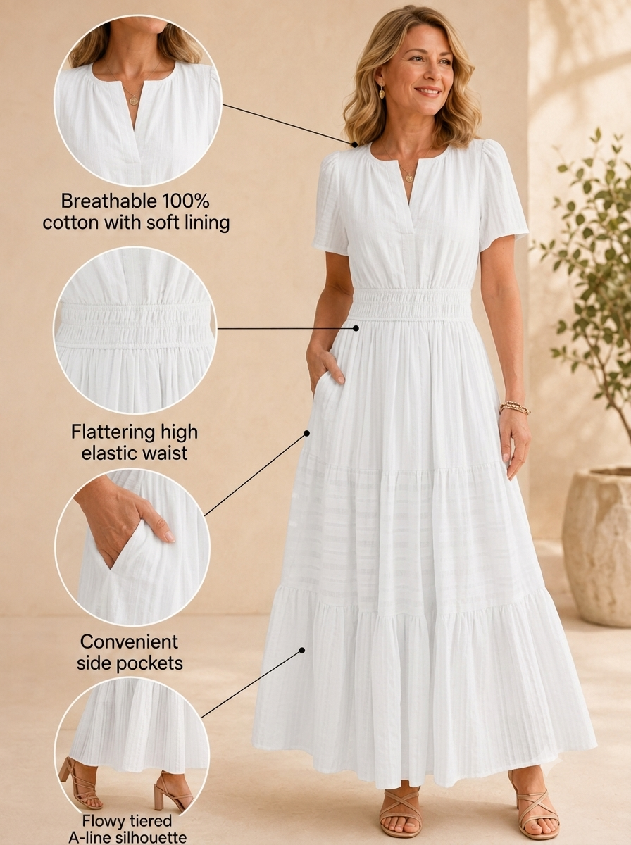 Women’s Short Sleeve V-Neck Boho Maxi Dress with Pockets