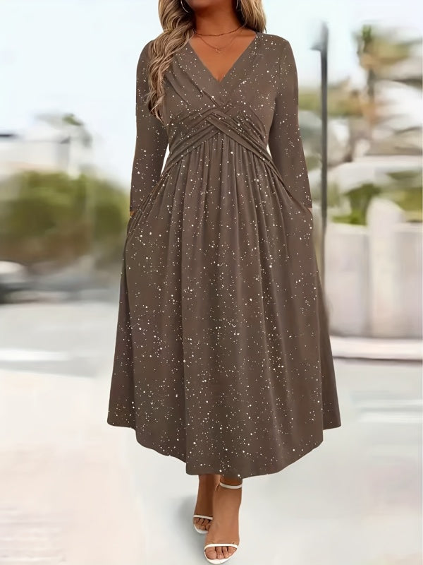 Wrap-Front Tie-Waist Midi Dress With Pockets