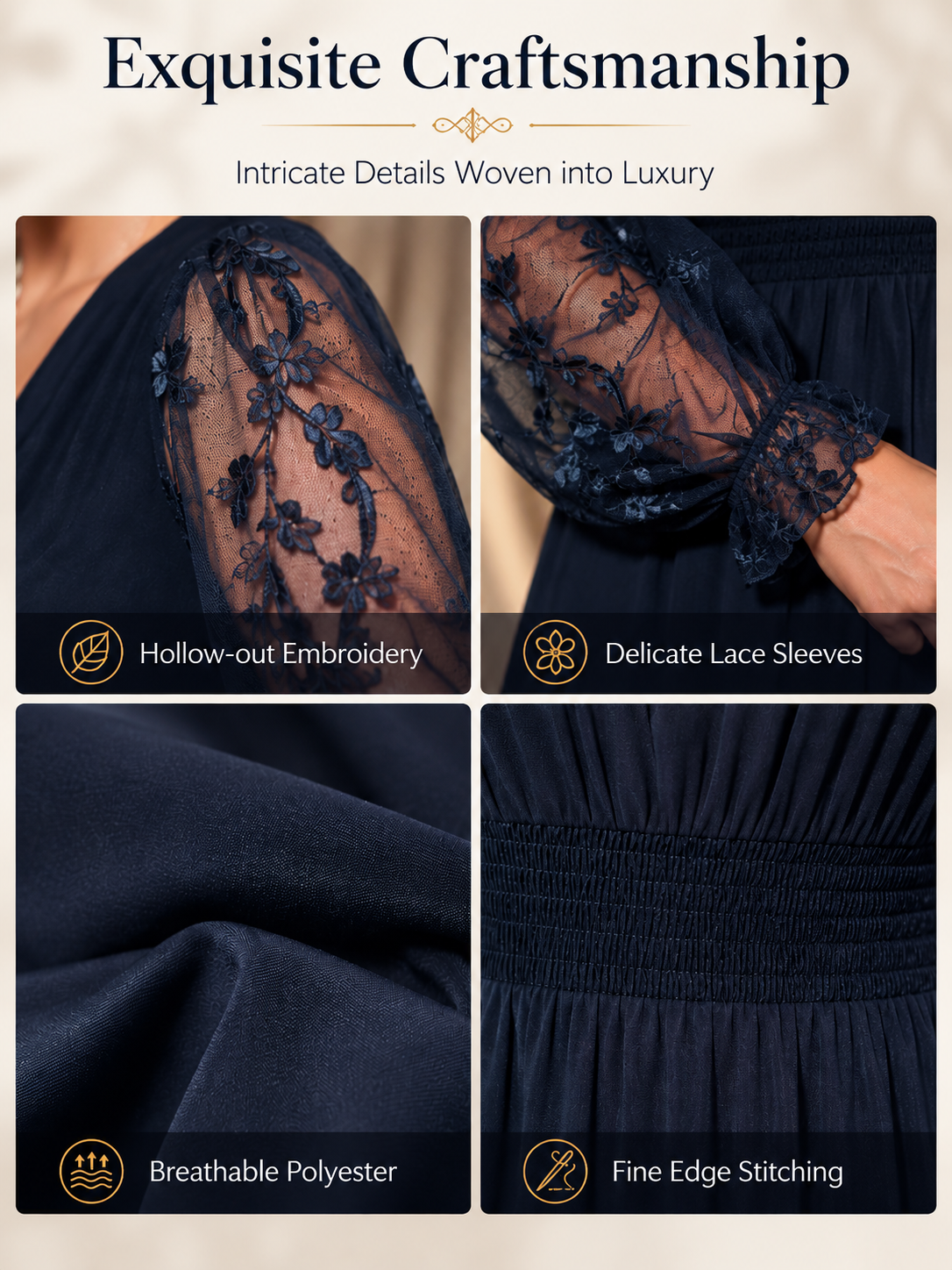 V Neck Lace-Sleeve Empire Waist Maxi Dress