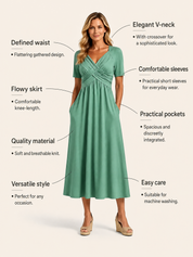 Crossover V-Neck Midi Dress with Pockets