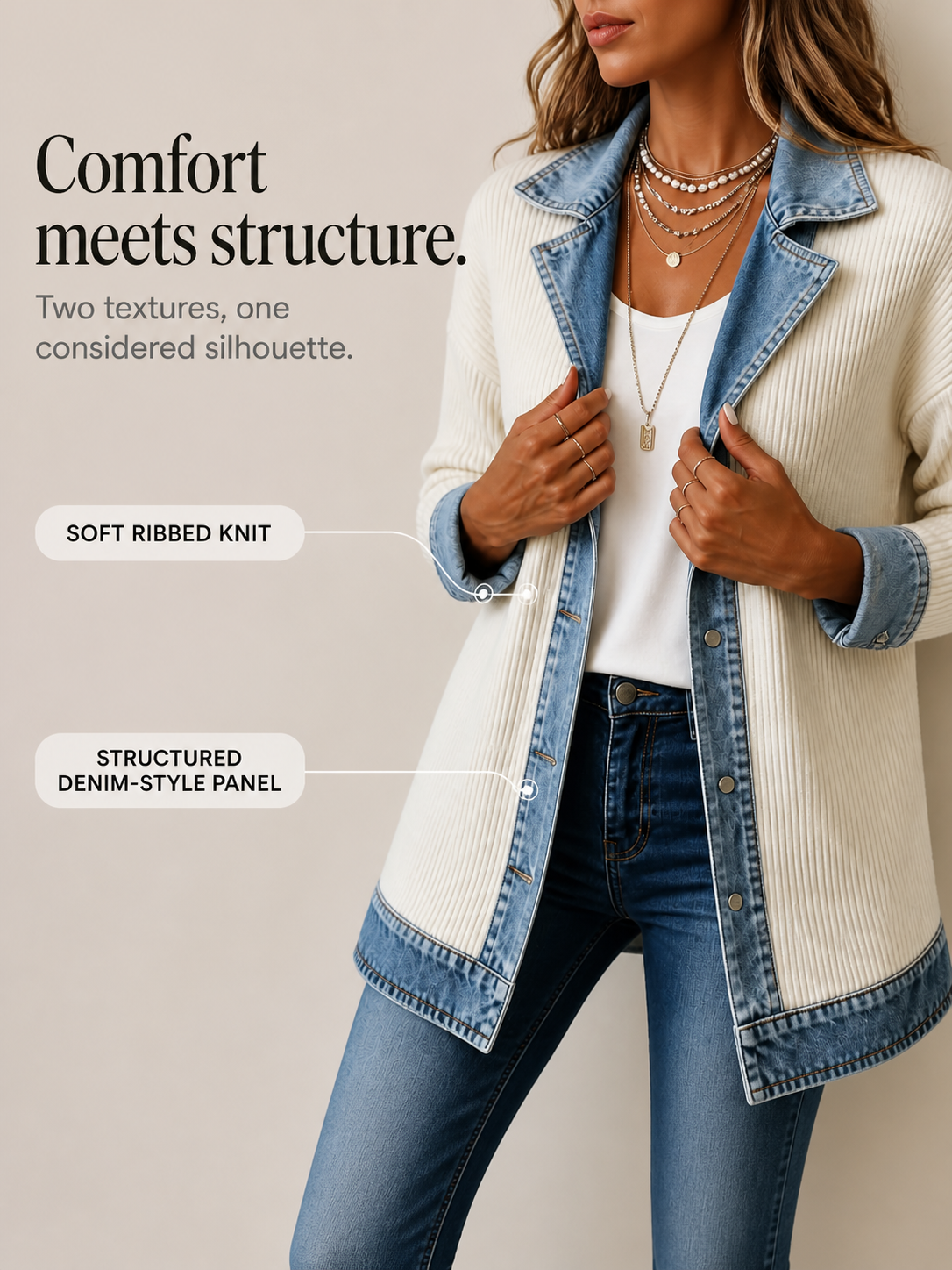 Ribbed Knit Jacket with Denim Trim