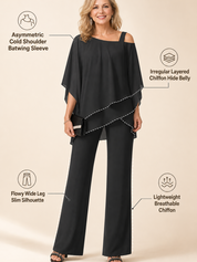 Irregular Layered Chiffon Top & Wide-Leg Pants Set