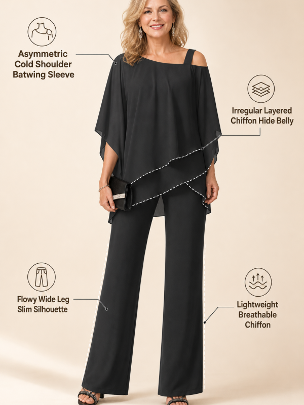 Irregular Layered Chiffon Top & Wide-Leg Pants Set