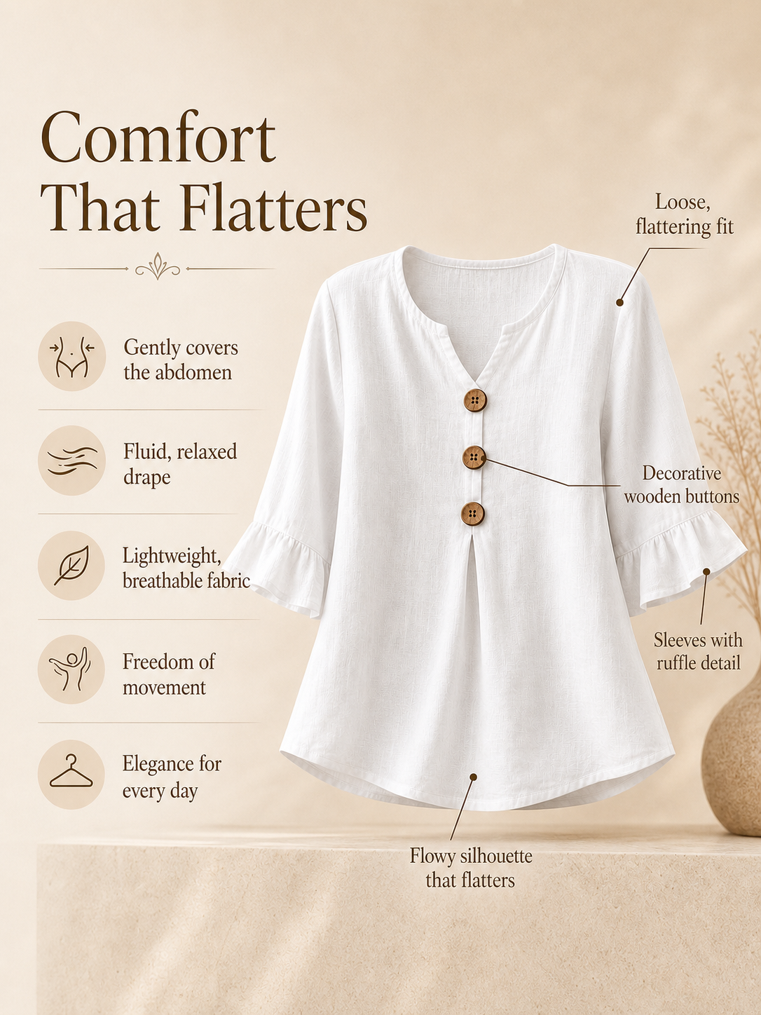 V-Neck Button Up Ruffle Sleeve Blouse