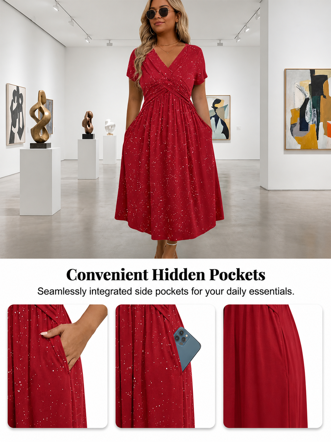 Crossover V-Neck Midi Dress with Pockets