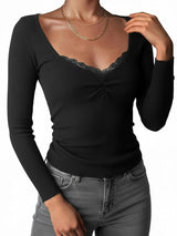 Y2K Paneled Fitted Henley Lace Long Sleeve Top