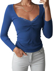 Y2K Paneled Fitted Henley Lace Long Sleeve Top
