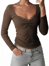 Y2K Paneled Fitted Henley Lace Long Sleeve Top