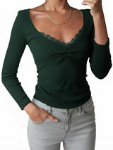 Y2K Paneled Fitted Henley Lace Long Sleeve Top