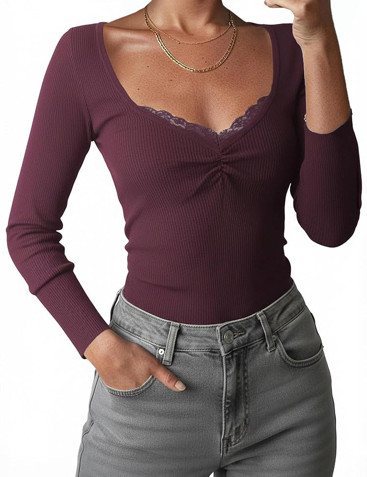 Y2K Paneled Fitted Henley Lace Long Sleeve Top
