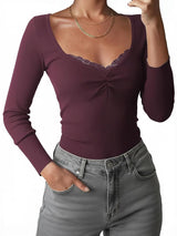 Y2K Paneled Fitted Henley Lace Long Sleeve Top