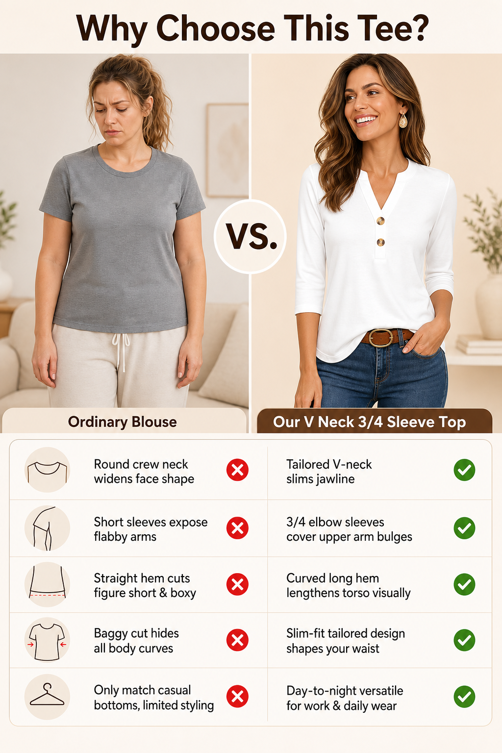 Womens V Neck 3/4 Sleeve Tops