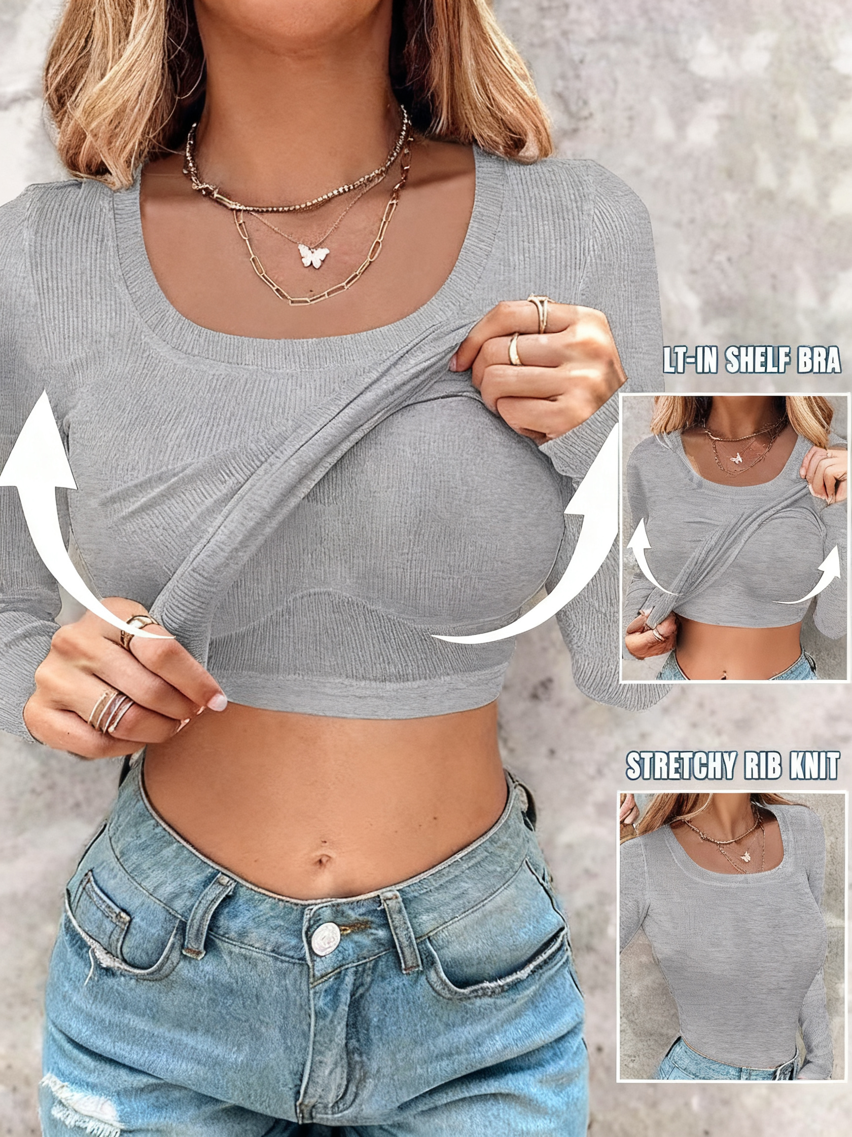 Square Neck Long Sleeve with Built-in Bra