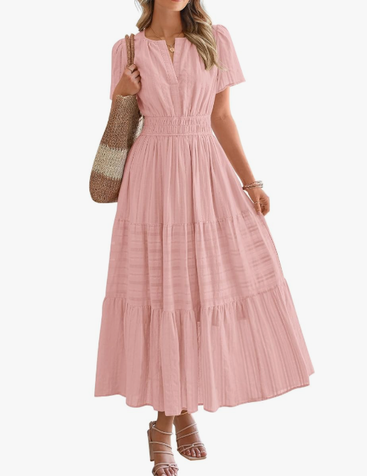 Women’s Short Sleeve V-Neck Boho Maxi Dress with Pockets