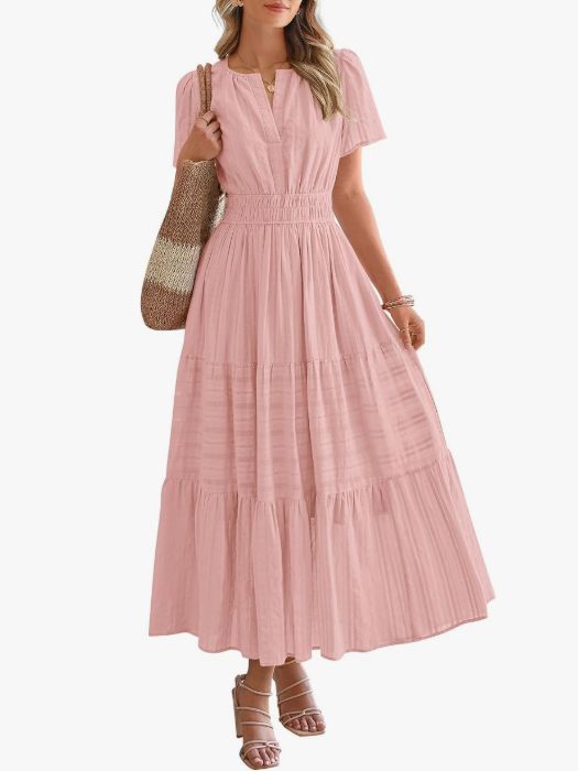 Women’s Short Sleeve V-Neck Boho Maxi Dress with Pockets